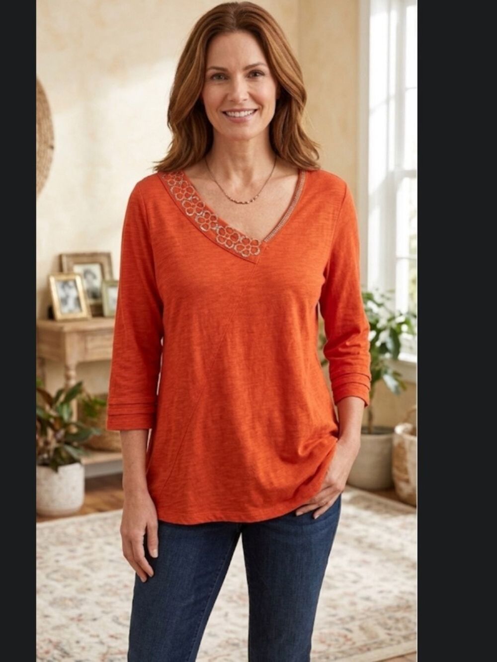 Soft Surroundings Orange Embellished V-Neck Tunic 3/4 sleeves XL petite